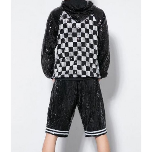 Black and white plaid modern dance hiphop men'e male competition stage performance jazz singers dancers outfits